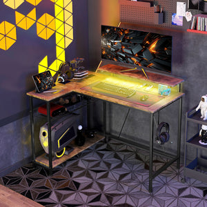 English Elm HOMCOM LED L-Shaped Desk with USB & Power Outlets, Monitor Stand, Shelves, Remote Lighting Ambience Rustic Brown W2225P217260