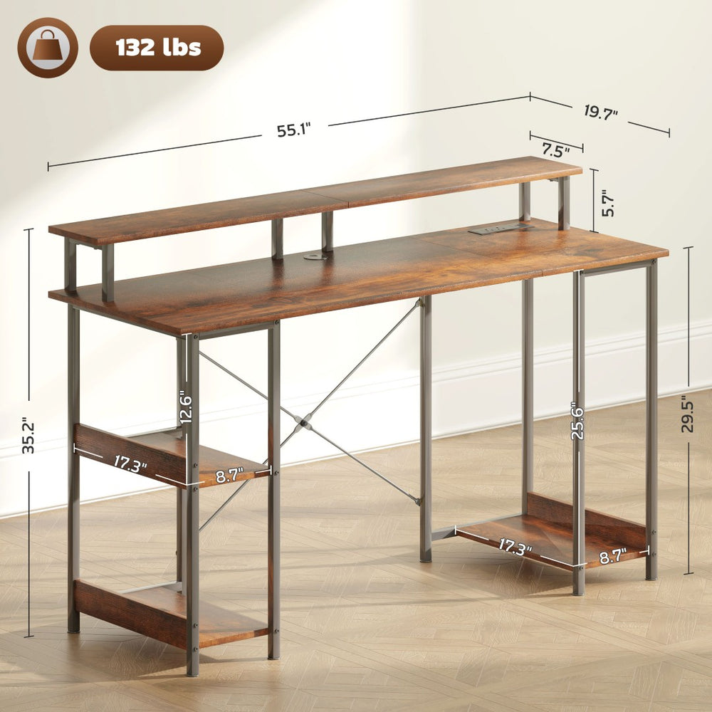 English Elm Reversible 55 Inch Computer Desk with Rgb Lighting Power Outlets and Monitor Riser T3971P411263