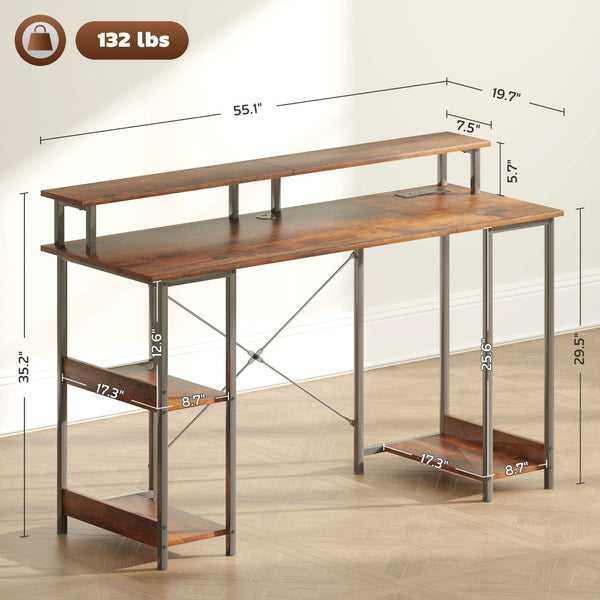 English Elm Reversible 55 Inch Computer Desk with Rgb Lighting Power Outlets and Monitor Riser T3971P411263