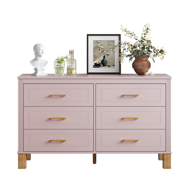English Elm 6-drawer Double Dresser Solid Wood Legs Mid-century Modern Bedroom Storage Cabinet Pink W1445S00009