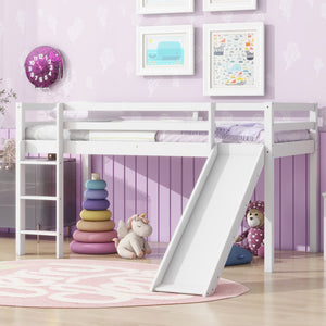 English Elm Twin Low Loft Bed with Slide and Ladder for Kids, Rubberwood Frame, Safety Guardrails & Playspace White W504P218525