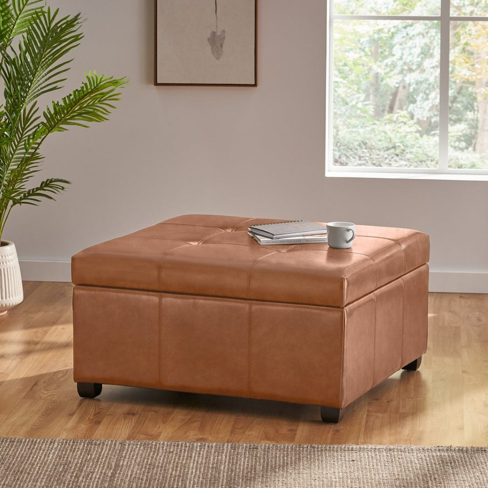 English Elm Faux Leather Waffle Tufted Storage Ottoman with Birch Legs for Living Room N757P359740T