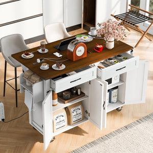 English Elm K&k Farmhouse Rolling Kitchen Island with Drop Leaf Power Outlets and Storage Cabinet White N707S170348W