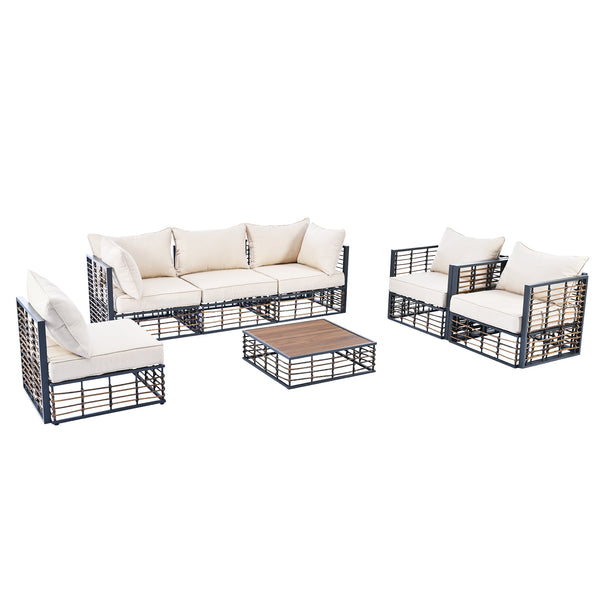 English Elm TOPMAX Modern Minimalist 7-Piece Metal Patio Sectional Sofa Set with All-Weather Rattan, Cushions and Coffee Table for Versatile Indoor Outdoor Entertaining DARK GREY SP100026AAE