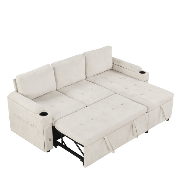 English Elm 83.5" L-shaped Sofa Couch Convertible Sectional with Reversible Chaise, Hidden Storage, USB Ports Beige N719S001790A