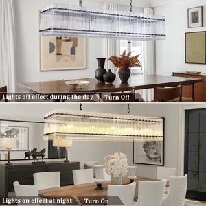 English Elm Modern Rectangular Crystal Glass Chandelier - 10-Lights Black Pendant Fixture For Elegant Spaces W1340P332560