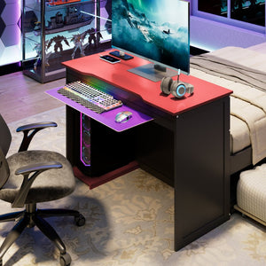 English Elm Twin Wood Gaming Daybed with Trundle Built-in Desk Rgb Lighting and Usb Port Black+Red LT000283AAR