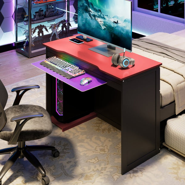 English Elm Twin Wood Gaming Daybed with Trundle Built-in Desk Rgb Lighting and Usb Port Black+Red LT000283AAR