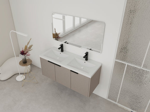 English Elm 48" Modern Wall-Mounted Bathroom Vanity With Double Sink, Soft-Close Doors & Stylish Wavy Panels W999S00353