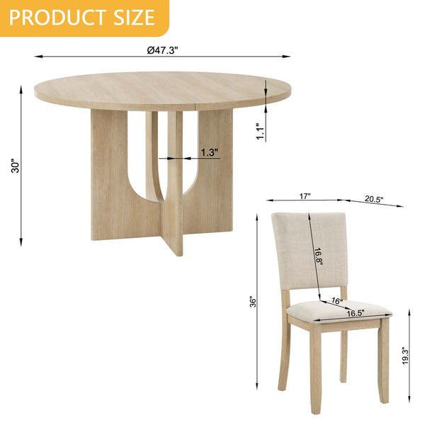 English Elm 47.3" Round Oak Dining Set Seats Four with Linen Upholstered Chairs for Modern Kitchens W1998S00087
