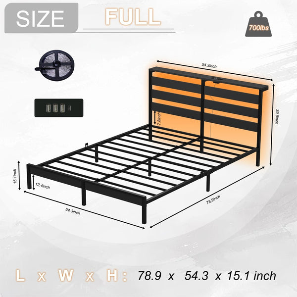 English Elm Full Size Platform Bed with Wood Headboard Led Lighting and Usb Charging Storage W311P416241