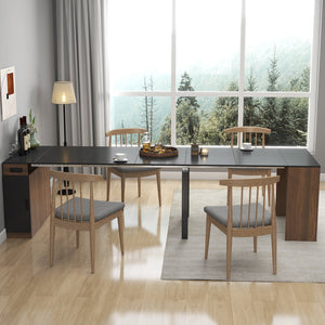 English Elm Modern Expandable Dining Table with Built-In Outlet, 5-Panel Extendable Space-Saving Design for Gatherings Walnut+black W331S00190