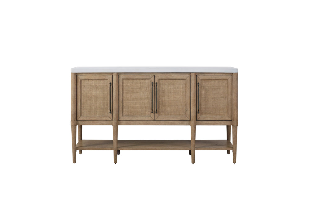 English Elm 54" Expandable Round Dining Set w/ 4 Chairs, Sand Mindi Veneer Finish, Cement Top Server, Cane Insets, Soft-Close Hinges, Web Seating - 6PC Stylish Entertaining B2699S00064