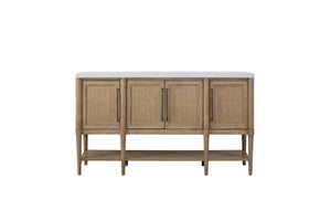 English Elm 54" Expandable Round Dining Set w/ 4 Chairs, Sand Mindi Veneer Finish, Cement Top Server, Cane Insets, Soft-Close Hinges, Web Seating - 6PC Stylish Entertaining B2699S00064