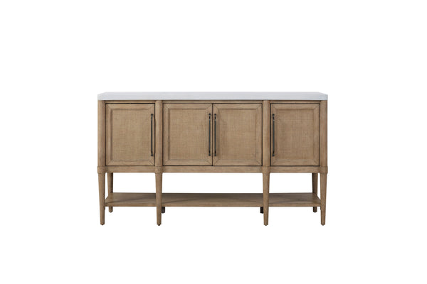 English Elm 54" Expandable Round Dining Set w/ 4 Chairs, Sand Mindi Veneer Finish, Cement Top Server, Cane Insets, Soft-Close Hinges, Web Seating - 6PC Stylish Entertaining B2699S00064