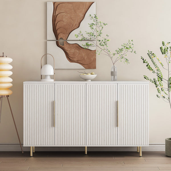 English Elm White Modern Fluted Sideboard Buffet with Adjustable Shelves, Art Deco MDF Credenza Console, Spacious Storage Elegance W1321P171784
