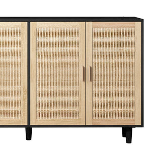 English Elm 62.20"Elegant 4-Door Rattan Storage Cabinet with Solid Wood Legs, Spacious Shelves & Easy Assembly Black W757P190068