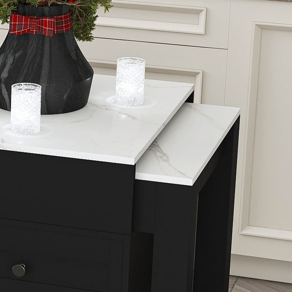 English Elm 74.8" Rolling Kitchen Island Extendable Marble Veneer Top with Power Outlet and Storage W2700S00106