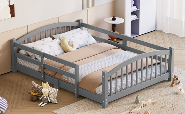 English Elm Full Montessori Pine Wood Floor Bed with Safety Rails Low Profile Kids Room Frame Gray N733P400299E