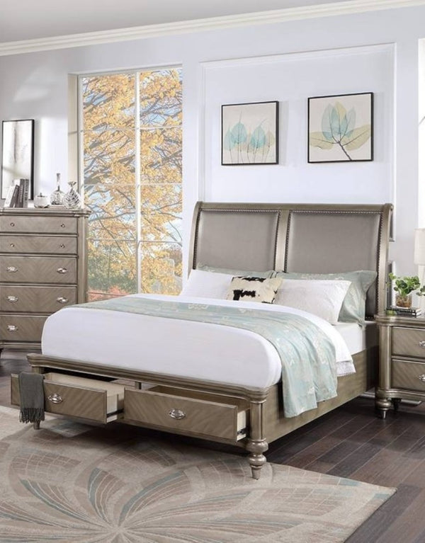English Elm 1pc California King Faux Leather Panel Bed Glam Silver Trim Footboard Storage B011S02106
