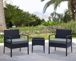 English Elm Noli Outdoor 3-Piece Conversation Set with Removable Washable Cushions and Tempered Glass Table - Weatherproof Steel Rattan Frame Black+Grey B365P398234