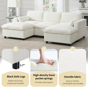 English Elm 86.5'' Chenille Modular Sectional Sofa with Storage Pockets, 5-Seat U-Shaped Cloud Sofa with Ottomans & Pillows White N723S8723A