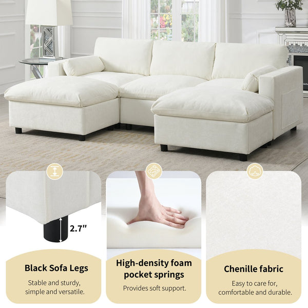 English Elm 86.5'' Chenille Modular Sectional Sofa with Storage Pockets, 5-Seat U-Shaped Cloud Sofa with Ottomans & Pillows White N723S8723A