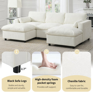 English Elm [video]86.5'' Chenille U-shaped Sectional with Dual Ottomans and Storage Pockets for Living Rooms White N723S7723A