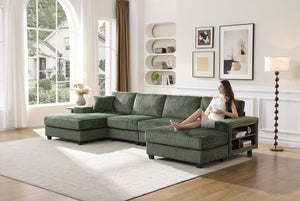 English Elm Convertible U-Shaped Sofa With Storage, Modern Corduroy Design For Spacious Living Rooms, Green W1793S00029