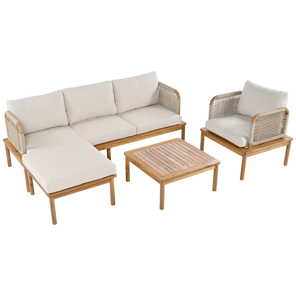 English Elm Christopher Knight Home® - Outdoor Acacia Wood & Rope Patio Sofa Set with Water-Repellent Cushions, Teak Beige Comfort N757S442994B