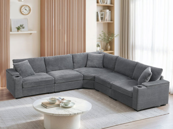 English Elm 104" Corduroy L-shaped Sectional with Usb Charging Armrest Storage and Cup Holders Gray N723S1187E
