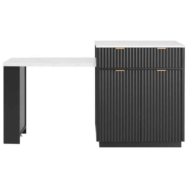 English Elm K&K Fluted Kitchen Island with Extendable Dining Table, Art Deco Mid-Century Design, Built-In Power Hub, Gold Handle Black N707S000018B