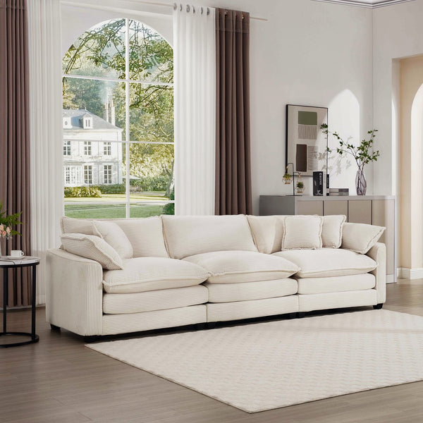 English Elm Mid-Century Modern 3-Seater Sectional Sofa With Plush Light Beige Corduroy And Stylish Pillows W714S00775