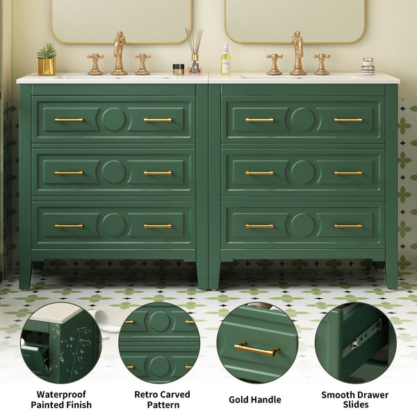 English Elm 60'' Freestanding Bathroom Vanity With Ceramic Sink, Charming Green Finish & Ample Storage Space N710SS00003F