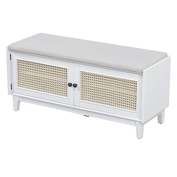 English Elm Trexm Bohemian Rattan Storage Bench Cushioned Seat Shoe Cabinet for Entryway Beige,White N715P308012K