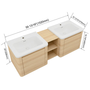 English Elm 60'' Wall-Mounted Bathroom Vanity With Elegant White Sink, Soft-Close Doors & Ample Storage Shelves W999S00483