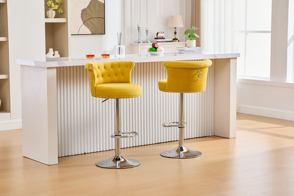 English Elm COOLMORE Velvet Bar Stool with Anti-Slip Large Base, Adjustable 360° Swivel, Plush Foam Comfort Yellow W1539P320508