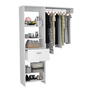 English Elm Hybrid Closet System with Five Open Shelves, Spacious Drawer & Metal Rod for Smart Vertical Storage White 83 L x 20 W x 4 H B128S00094