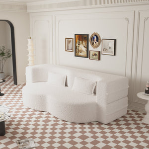 English Elm Modern Full Size Folding Sofa Bed with Teddy Fabric, Foam-Filled 15" Sleeper, 2 Pillows, No Assembly Required Beige+White W1885P272259