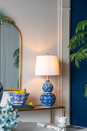 English Elm D13x25.7" Two-Tier Round Blue & White Ceramic Vase Lamp — Bold Patterned Accent Light for Tablescapes W2078P324061