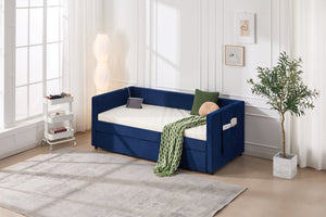English Elm Twin Velvet Upholstered Daybed with Trundle, V-Pattern Backrest, USB Port, Side Pockets, Sturdy Design Navy W1361S00044