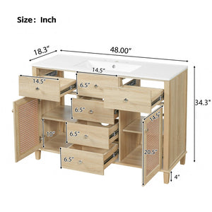 English Elm 48-inch Rattan Bathroom Vanity Solid Wood Frame Five Drawers Ceramic Sink Coastal Boho N765P38884950E