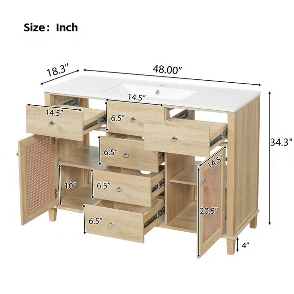 English Elm 48-inch Rattan Bathroom Vanity Solid Wood Frame Five Drawers Ceramic Sink Coastal Boho N765P38884950E