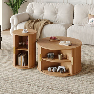 English Elm [Assembly Mid-Century Coffee Table Set with Tambour Sliding Doors, Fluted Round End Table, Gold Handles, Versatile Storage and Stylish Wooden Finish Natural N721P351940D