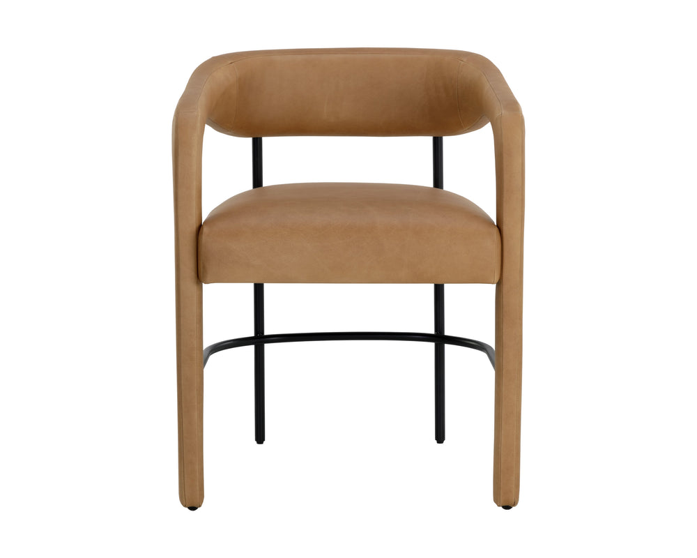 Sunpan Mavia Dining Armchair in Ludlow Sesame Leather - Modern Design with Black Powder-Coated Frame