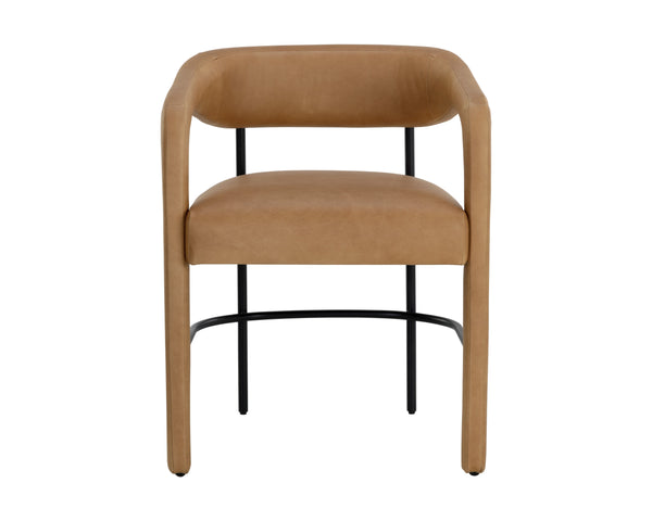 Sunpan Mavia Dining Armchair in Ludlow Sesame Leather - Modern Design with Black Powder-Coated Frame
