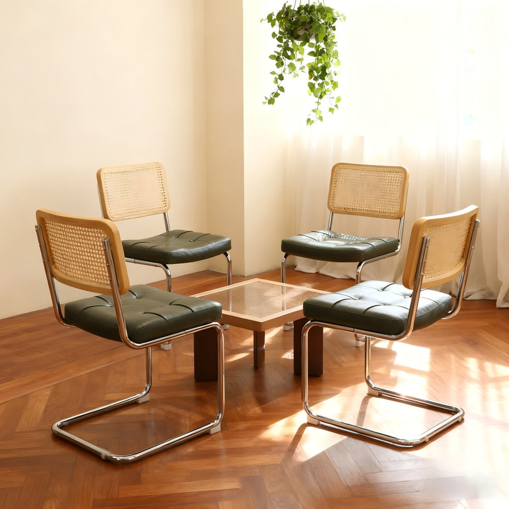 English Elm Dining Chairs Set of 4 Velvet Seat Woven Rattan Back Chrome Cantilever Frame Dark Green W2105S00002