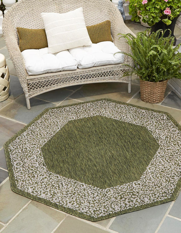 Unique Loom Outdoor Border Floral Border Machine Made Floral Rug Green, Ivory/Gray 7' 10" x 7' 10"
