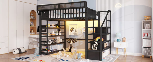 English Elm Full Metal Loft Bed with Stair Storage Rgb Lighting and Charging Station for Teens Black W2580S00074
