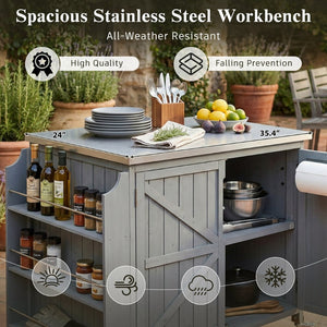 English Elm K&k Rolling Outdoor Kitchen Island Solid Fir Wood Stainless Steel Top Storage Cabinet Grey+Blue N707P370287G